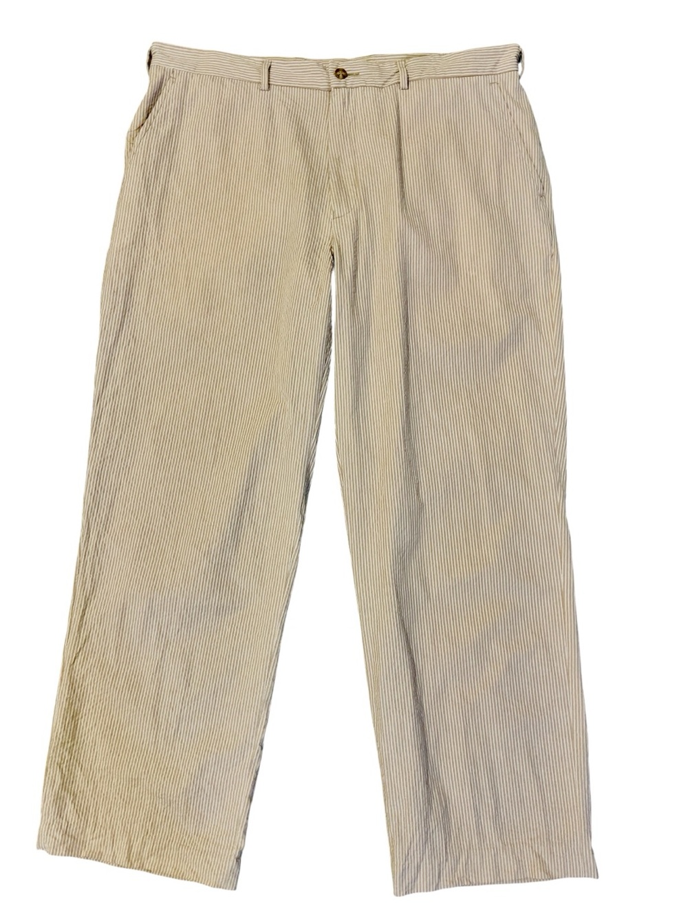 Vintage Perry Ellis Seersucker Pants 38x30 Tan White Stripe Cotton Preppy